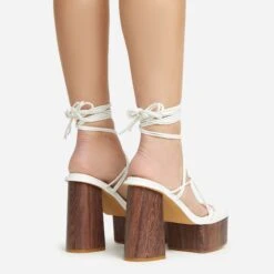 EGO Free-Soul Lace Up Strappy Square Toe Wood Effect Platform Block Heel In White Faux Leather -EGO shop 20 01 23 fw acc53058 sq