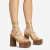 EGO Free-Soul Lace Up Strappy Square Toe Wood Effect Platform Block Heel In Gold Faux Leather