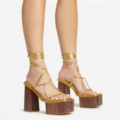 EGO Free-Soul Lace Up Strappy Square Toe Wood Effect Platform Block Heel In Gold Faux Leather