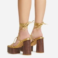 EGO Free-Soul Lace Up Strappy Square Toe Wood Effect Platform Block Heel In Gold Faux Leather -EGO shop 20 01 23 fw acc53061 sq