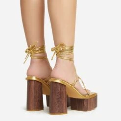 EGO Free-Soul Lace Up Strappy Square Toe Wood Effect Platform Block Heel In Gold Faux Leather -EGO shop 20 01 23 fw acc53062 sq