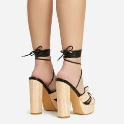 EGO Stacked Lace Up Knotted Strap Detail Peep Toe Wood Effect Platform Block Heel In Black Faux Leather -EGO shop 20 01 23 fw acc53070 sq 1