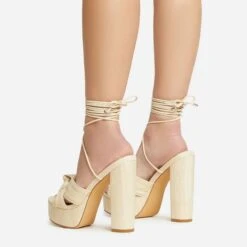 EGO Stacked Lace Up Knotted Strap Detail Peep Toe Wood Effect Platform Block Heel In Beige Faux Leather -EGO shop 20 01 23 fw acc53073 sq