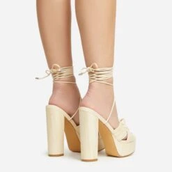 EGO Stacked Lace Up Knotted Strap Detail Peep Toe Wood Effect Platform Block Heel In Beige Faux Leather -EGO shop 20 01 23 fw acc53074 sq