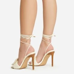 EGO Layla Lace Up Mix Match Buckle Detail Square Toe Stiletto Heel In Cream Linen -EGO shop 20 01 23 fw acc53094 sq