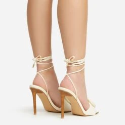 EGO Layla Lace Up Mix Match Buckle Detail Square Toe Stiletto Heel In Cream Linen -EGO shop 20 01 23 fw acc53095 sq