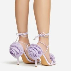 EGO Rosalia Lace Up Knotted Strap 3D Rose Detail Square Toe Stiletto Heel In Lilac Faux Leather -EGO shop 20 01 23 fw acc53116 sq