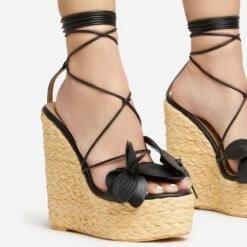 EGO Bloomy Lace Up 3D Flower Detail Woven Platform Wedge Heel In Black Faux Leather -EGO shop 20 01 23 fw acc53130 sq