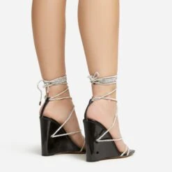 EGO Beggin Lace Up Diamante Strap Detail Square Toe Wedge Heel In Black Faux Leather -EGO shop 20 01 23 fw acc53142 sq