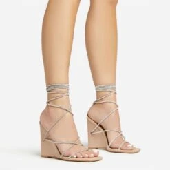 EGO Beggin Lace Up Diamante Strap Detail Square Toe Wedge Heel In Nude Faux Leather -EGO shop 20 01 23 fw acc53147 sq