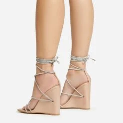 EGO Beggin Lace Up Diamante Strap Detail Square Toe Wedge Heel In Nude Faux Leather -EGO shop 20 01 23 fw acc53149 sq