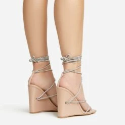 EGO Beggin Lace Up Diamante Strap Detail Square Toe Wedge Heel In Nude Faux Leather -EGO shop 20 01 23 fw acc53150 sq