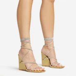 EGO Beggin Lace Up Diamante Strap Detail Square Toe Wedge Heel In Gold Faux Leather -EGO shop 20 01 23 fw acc53151 sq
