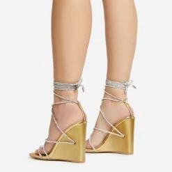EGO Beggin Lace Up Diamante Strap Detail Square Toe Wedge Heel In Gold Faux Leather -EGO shop 20 01 23 fw acc53153 sq