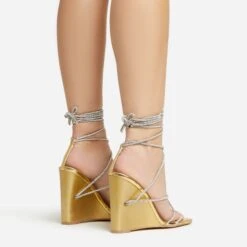 EGO Beggin Lace Up Diamante Strap Detail Square Toe Wedge Heel In Gold Faux Leather -EGO shop 20 01 23 fw acc53154 sq