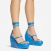 EGO Beach-Side Lace Up Strappy Platform Wedge Heel In Blue Faux Leather And Rubber
