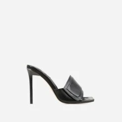 EGO Plush Velcro Strap Detail Square Peep Toe Stiletto Heel Mule In Black Faux Leather -EGO shop 20 01 23 fw acc53168 sq
