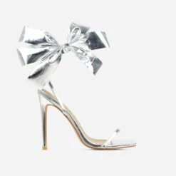 EGO Beau Oversized Bow Detail Square Toe Stiletto Heel In Silver Faux Leather -EGO shop 20 01 23 fw acc53204 sq