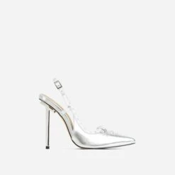 EGO Cruela Lace Up Bow Diamante Stud Detail Pointed Toe Slingback Metallic Stiletto Heel In Silver Faux Leather -EGO shop 20 01 23 fw acc53209 sq