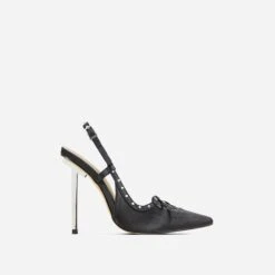 EGO Cruela Lace Up Bow Diamante Stud Detail Pointed Toe Slingback Metallic Stiletto Heel In Black Satin -EGO shop 20 01 23 fw acc53211 sq