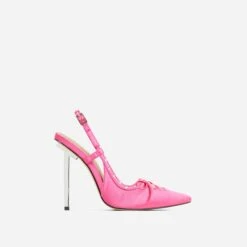 EGO Cruela Lace Up Bow Diamante Stud Detail Pointed Toe Slingback Metallic Stiletto Heel In Pink Satin -EGO shop 20 01 23 fw acc53212 rt