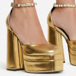 EGO So-Scandalous Diamante Strap Closed Square Toe Extreme Platform Block Heel In Gold Metallic Faux Leather -EGO shop 20 07 227163 1