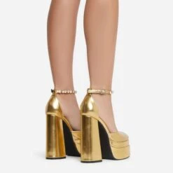 EGO So-Scandalous Diamante Strap Closed Square Toe Extreme Platform Block Heel In Gold Metallic Faux Leather -EGO shop 20 07 227165