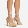 EGO Aubrie Fluffy Faux Feather Lace Up Square Toe Sculptured Heel In Nude Faux Suede -EGO shop 22 09 22 fwbags0101