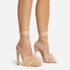 EGO Aubrie Fluffy Faux Feather Lace Up Square Toe Sculptured Heel In Nude Faux Suede