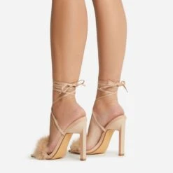 EGO Aubrie Fluffy Faux Feather Lace Up Square Toe Sculptured Heel In Nude Faux Suede -EGO shop 22 09 22 fwbags0104
