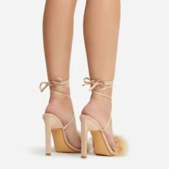 EGO Aubrie Fluffy Faux Feather Lace Up Square Toe Sculptured Heel In Nude Faux Suede -EGO shop 22 09 22 fwbags0105