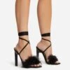 EGO Aubrie Fluffy Faux Feather Lace Up Square Toe Sculptured Heel In Black Faux Suede -EGO shop 22 09 22 fwbags0106