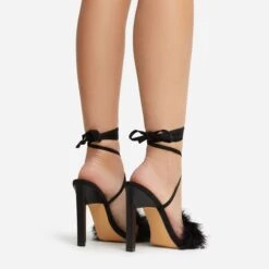 EGO Aubrie Fluffy Faux Feather Lace Up Square Toe Sculptured Heel In Black Faux Suede -EGO shop 22 09 22 fwbags0110