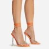 EGO Romantic Diamante Detail Lace Up Square Toe Clear Perspex Sculptured Heel In Orange Faux Leather