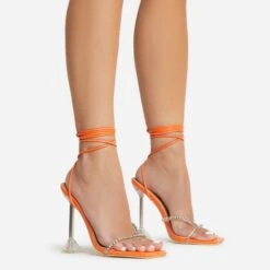 EGO Romantic Diamante Detail Lace Up Square Toe Clear Perspex Sculptured Heel In Orange Faux Leather