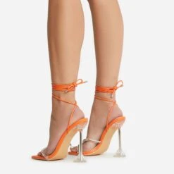 EGO Romantic Diamante Detail Lace Up Square Toe Clear Perspex Sculptured Heel In Orange Faux Leather -EGO shop 22 09 22 fwbags0114