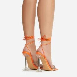 EGO Romantic Diamante Detail Lace Up Square Toe Clear Perspex Sculptured Heel In Orange Faux Leather -EGO shop 22 09 22 fwbags0115