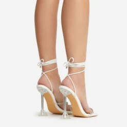 EGO Romantic Diamante Detail Lace Up Square Toe Clear Perspex Sculptured Heel In White Faux Leather -EGO shop 22 09 22 fwbags0120