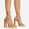 EGO Gemini Strappy Lace Up Square Toe Platform Thin Block Heel In Gold Croc Print Faux Leather