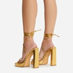 EGO Gemini Strappy Lace Up Square Toe Platform Thin Block Heel In Gold Croc Print Faux Leather -EGO shop 22 09 22 fwbags0134