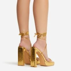 EGO Gemini Strappy Lace Up Square Toe Platform Thin Block Heel In Gold Croc Print Faux Leather -EGO shop 22 09 22 fwbags0135
