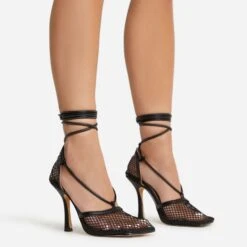 EGO New-Me Lace Up Square Toe Court Heel In Black Fishnet
