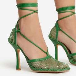 EGO New-Me Lace Up Square Toe Court Heel In Green Fishnet -EGO shop 22 09 22 fwbags0143