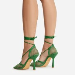 EGO New-Me Lace Up Square Toe Court Heel In Green Fishnet -EGO shop 22 09 22 fwbags0144