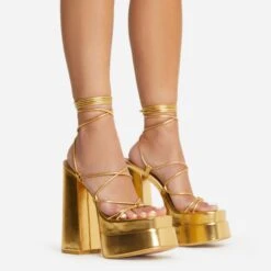 EGO Mika Lace Up Knotted Strap Detail Square Toe Platform Block Heel In Gold Faux Leather -EGO shop 22 09 22 fwbags0166 copy