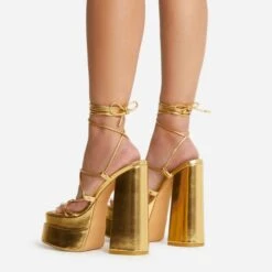 EGO Mika Lace Up Knotted Strap Detail Square Toe Platform Block Heel In Gold Faux Leather -EGO shop 22 09 22 fwbags0169 copy