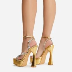 EGO Show-Ahead Clear Perspex Strap Diamante Detail Platform Flared Block Heel In Gold Faux Leather -EGO shop 22 09 22 fwbags0204 sq