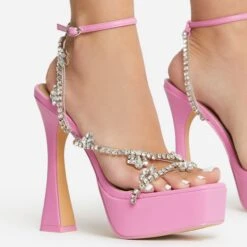 EGO Show-Ahead Clear Perspex Strap Diamante Detail Platform Flared Block Heel In Pink Faux Leather -EGO shop 22 09 22 fwbags0208 sq