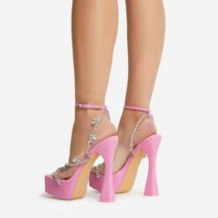 EGO Show-Ahead Clear Perspex Strap Diamante Detail Platform Flared Block Heel In Pink Faux Leather -EGO shop 22 09 22 fwbags0209 sq