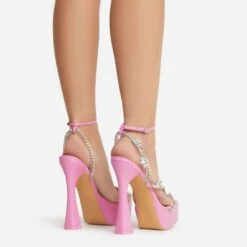 EGO Show-Ahead Clear Perspex Strap Diamante Detail Platform Flared Block Heel In Pink Faux Leather -EGO shop 22 09 22 fwbags0210 sq
